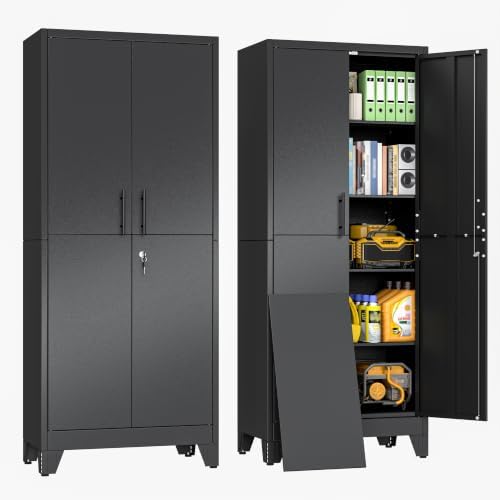 Tall Metal Storage Cabinet with Lock, 4 Adjustable Shelves, Steel Cabinet