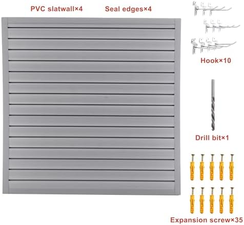 Slatwall Panel Garage Wall Organizer Storage Systems, Wall Mounted PVC Storage Rack with 10 Hooks, Interlocking Workshop Slat Wall Paneling Sheets Board Shelves Tools Organization-Grey (4’H x 4’W)