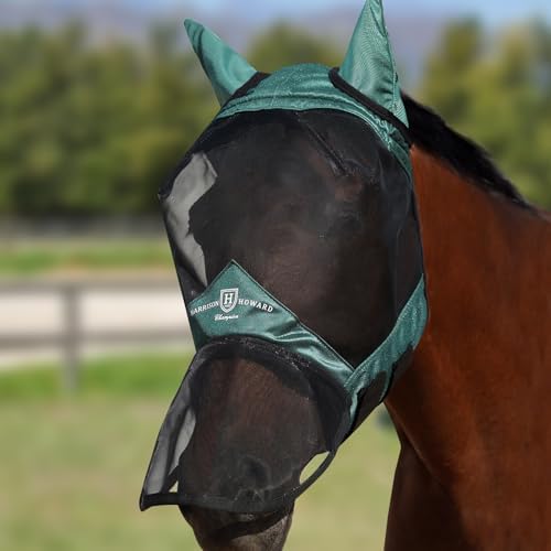 Harrison Howard Pro Luminous Horse Full Face Fly Mask Large Eye Space Long Nose with Ears UV Protection for Horse Hunter Green M