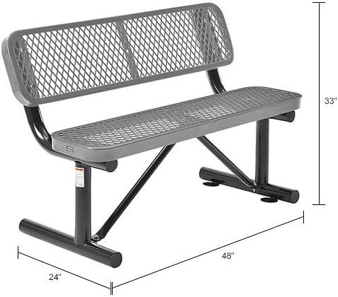 Global Industrial 4'L Heavy Duty Expanded Metal Mesh Bench with Backrest with Steel Frame, Portable Outdoor Bench, 1000 lbs Capacity, Gray, 48" L x 24" W x 33" H