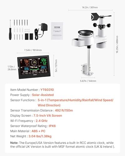 VEVOR 5-in-1 Wireless Weather Station, 7.5-Inch VA Display, Solar Powered Outdoor Sensor, Rain Gauge, Indoor Outdoor for Weather Forecast, Temperature, Humidity, Wind Speed and Direction (No WiFi)