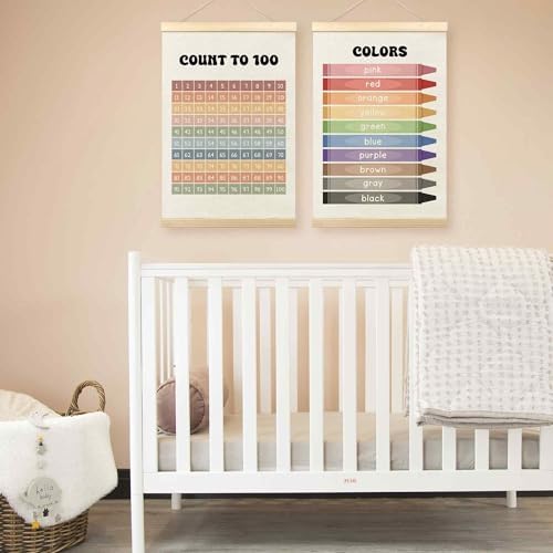 TLESKE 1-100 Numbers Hundreds Colors Chart Poster Hanger Frame for Toddler Kid Classroom Set of 2, Homeschool Hanging Wall Art Decor for Nursery Playroom, Preschool Learning Educational Poster, 16x24