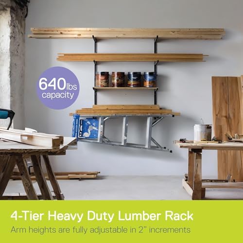 Delta Heavy Duty 4-Tier Lumber Storage Rack Cycle, Holds Up to 640 lbs - Wood Storage Rack with Fully Adjustable Arms - Steel Construction Storage Solution for Garage, Basement & Pantry