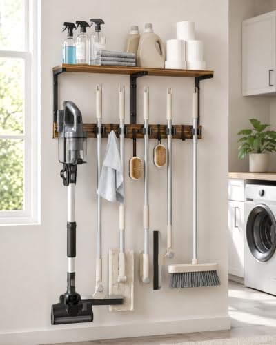 Broom and Mop Holder Wall Mount, 27" Large Organizer with Wood Shelf