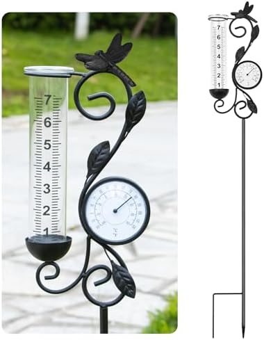 Dragonfly Rain Gauge Garden Decor, 32" Thermometer Patio Decor, 7" Capacity Rain Gauge Replacement Tube Glass, Outdoor Temperature Patio Decor