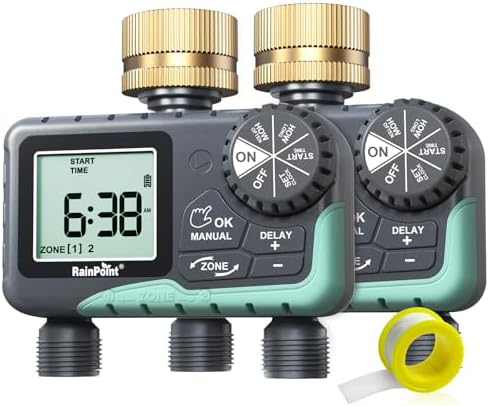 RAINPOINT Sprinkler Timer for Garden Hose - 2 Pack Brass Intel Hose Timer Rain Delay/Manual Watering/Automatic Irrigation for Yard Lawn