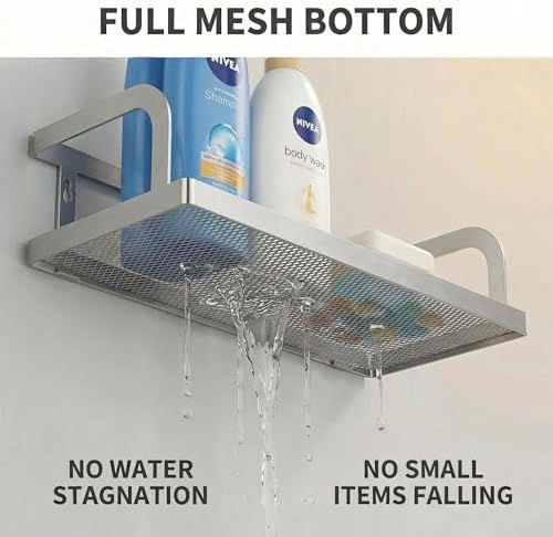 PUSDON 2-Pack 16.5" Extra Long Slim Hollowout Shower Caddy, Wall Mount Spice Rack & Bathroom Organizer, Mesh Bottom Cabinet Door Shelf Holds 50LBS - Silver Gray, Hollowout