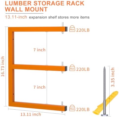 Lumber Rack Wall-Mounted Lumber Storage Rack, Heavy Duty Wood Storage Racks with 6-Level System, 1320 LB Sturdy Garage Wood Organizer, Orange Lumber Metal Racks for Indoor and Outdoor (4 Pack)