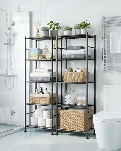 Sakugi Storage Shelves - Set of 2, 5-Tier Metal Shelf Organizer, Space-Saving Garage Shelving with Leveling Feet, Standing Shelves Organizer for Kitchen, Laundry, Pantry (18.4" x 12.6" x 57.4", Black)
