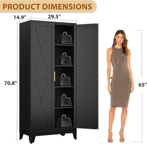 71" Metal Kitchen Pantry Storage Cabinet with 2 Doors and 4 Adjustable Shelves,Black Farmhouse Pantry Cabinet,Steel Garage Tool Cabinet Freestanding Cupboard for Kitchen,Dinning Living Room