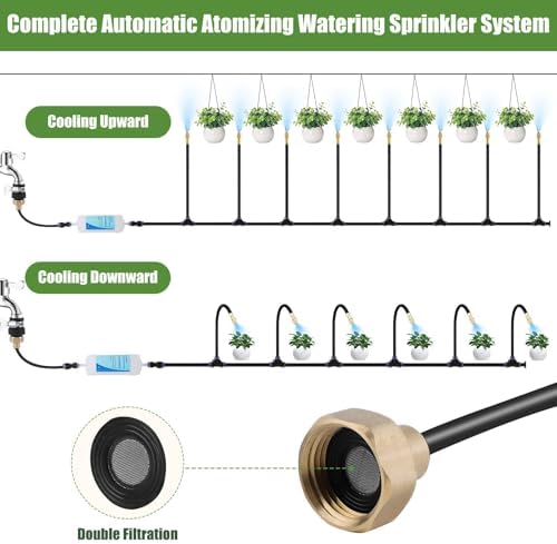 Kalolary 1/4" Drip Irrigation System, Garden Watering System with 16pcs Adjustable Copper Nozzles Automatic Atomizing Watering Sprinkler System for Yard Lawn Outdoor Irrigation