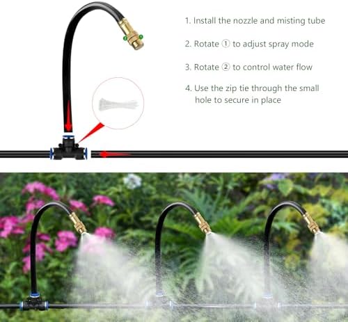 60FT Drip Irrigation System for Garden – Automatic Watering Kit with Solid Brass Metal Connectors, 360° Bendable Tubing &16 Adjustable Nozzles for Greenhouse, Lawn, Yard & Plants