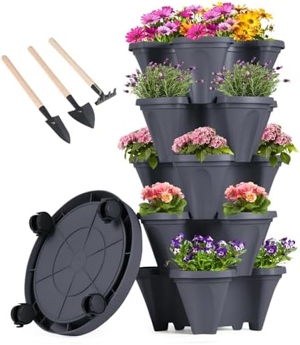 GameXcel Vertical Planter Tower - 5 Tier Stackable Garden Planters with Wheels and Tools Plant Pots for Strawberry Herb Flower and Vegetable Indoor Outdoor Use Dark Gray