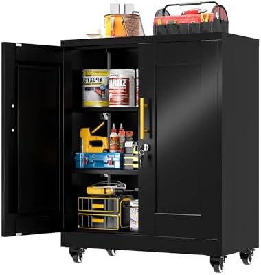 GAIOUS 35'' Tall Metal Storage Cabinet with Lock and Wheels, Steel Office Cabinet with 2 Door and 2 Adjustable Shelves, Lockable File Cabinet, Garage Cabinet, Rolling Cabinet for Home Office, Black