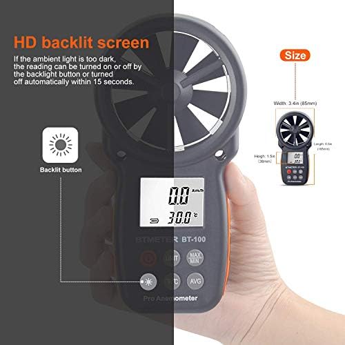 BTMETER BT-100 Handheld Anemometer, Digital Wind Speed CFM Meter Gauge Air Flow Velocity Tester for HVAC Shooting Drone, Wind Chill, 14℉-113℉ Wind Temperature