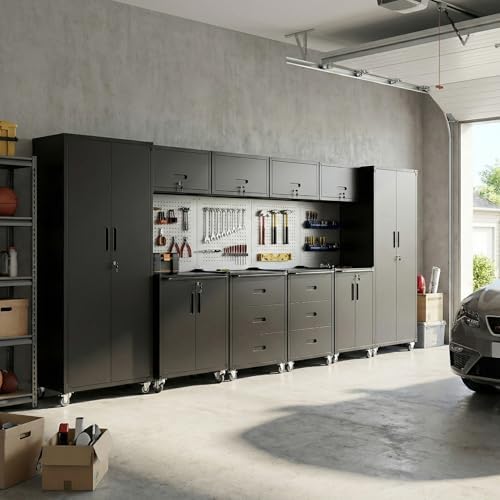 10-Piece Heavy Duty Steel Garage Cabinet System | All-in-One Modular Garage Cabinet Set for Ultimate Workshop Organization | Easy Assembly Garage Storage Cabinets & Tool Bench (Black)