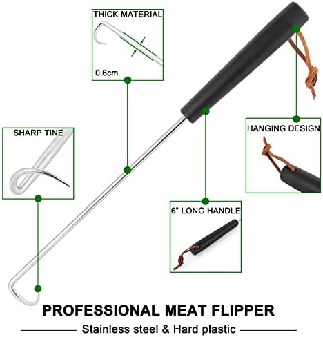 HaSteeL Meat Hook Flipper Set of 2, Stainless Steel Pigtail Food Flipper Turner 12Inch & 17Inch, BBQ Accessories Great for Grilling Smoking Frying, Long Body & ABS Handle, Easy to Clean & Left Handed