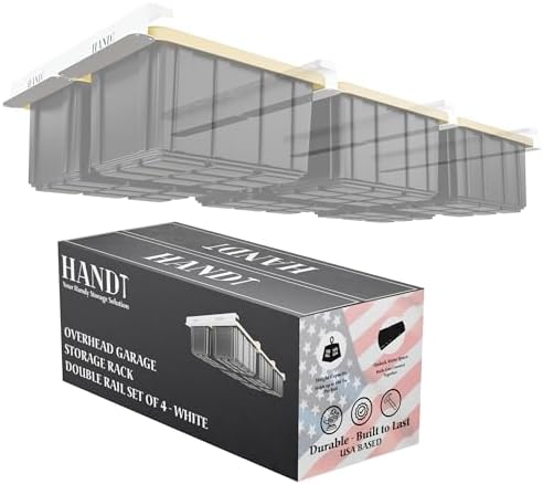USA Based Overhead Garage Storage Rack, Connectable Heavy Duty Metal Ceiling Rails Garage Storage Organization Shelving System, Hanging Racks Tote Containers, Supports Up To 6 Bins, 4 Sets White