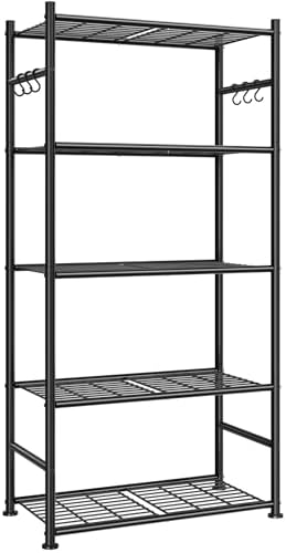 Sakugi Storage Shelves - 5-Tier Large Capacity Shelf Organizer with Hooks, Heavy-Duty Garage Shelving with Leveling Feet, Wobble-Free Rack for Bedroom, Balcony, Garage, 23.6"×13.7"×59", White