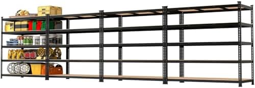 48" W x 24" D x 72" H Garage Shelving Heavy Duty: 5 Tier Metal Storage Shelves - Adjustable Shelving Unit, Utility Rack Shelf for Pantry, Warehouse, Office, Kitchen, Black, 4PCS