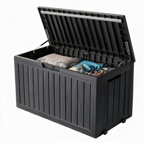 92 Gal Deck Box,Waterproof Resin Outdoor Storage Gas Lift,Lockable Black