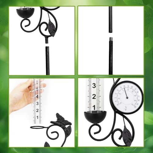 Butterfly Rain Gauge Garden Decor, 32" Thermometer Patio Decor, 7" Capacity Rain Gauge Replacement Tube Glass, Outdoor Temperature Patio Decor