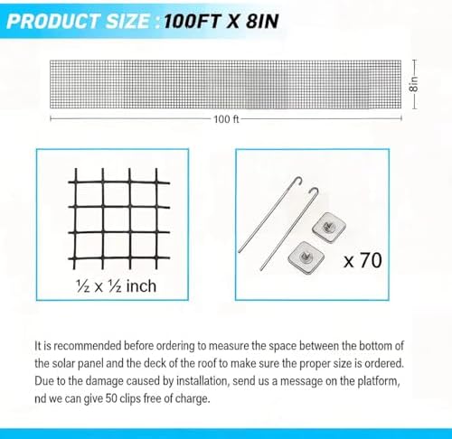 Solar Panel Bird Guard Mesh 8In x100 Ft 70 Fasteners Solar Critter Guard Solar Panel Pigeon Guard Bird proofing Solar Panel Bird mesh PVC Coated Galvanized net Pigeon Deterrent