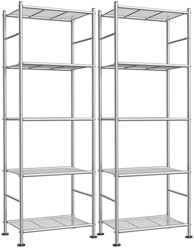 Sakugi Storage Shelves - Set of 2, 5-Tier Metal Shelf Organizer, Space-Saving Garage Shelving with Leveling Feet, Standing Shelves Organizer for Kitchen, Laundry, Pantry (18.4"x12.6"x57.4", Silver)