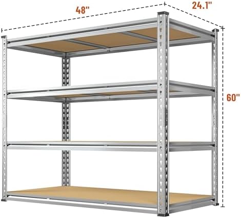 Garage Shelving Load 2600LBS, 4-Tier Storage Shelves, Adjustable Garage Shelves, Shelving Units and Storage, Metal Shelf for Kitchen, Pantry, Warehouse, 48" W x 60 "H x 24.1" D, Galvanized