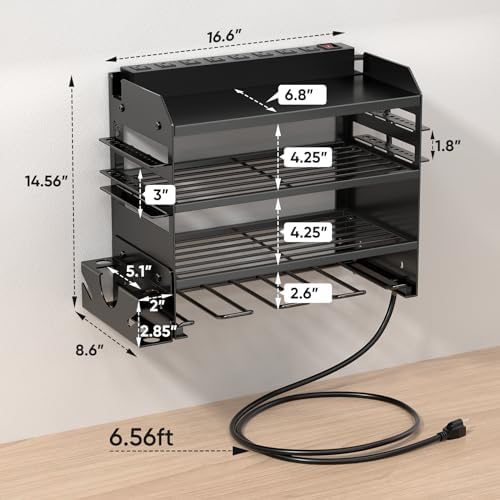 POKIPO Power Tool Organizer Wall Mount with Charging Station,Tool Storage Rack with 8 Outlet Power Strip,Heavy Duty Metal Battery Utility Rack with 4 Cordless Drill Holder 6.56 Ft Cord for Garage