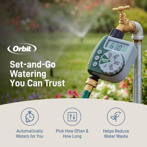 Orbit Programmable Digital Hose Watering Timer - 1 Outlet - Battery Powered - with LCD Screen - Built-in Rain Delay - Water-Resistant - 62061