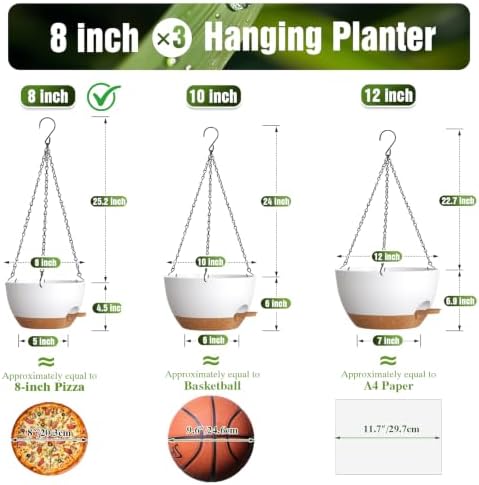 8 Inch Self Watering Hanging Planters Set of 3 with Saucers