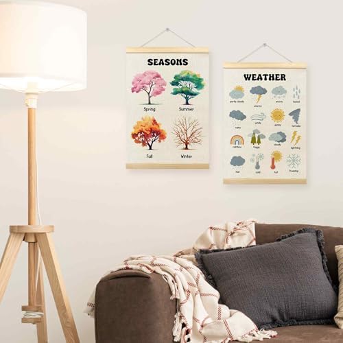 TLESKE 4 Seasons Weather Chart Poster Hanger Frame for Toddler Kid Classroom Set of 2, Homeschool Hanging Wall Art Decor for Nursery Playroom, Preschool Prek Learning Educational Poster, 12x16