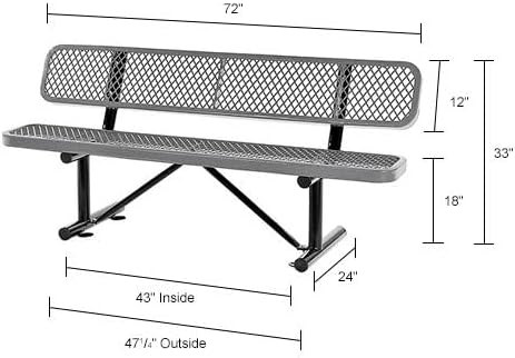 Global Industrial 6'L Heavy Duty Expanded Metal Mesh Bench with Backrest with Steel Frame, Portable Outdoor Bench, 1000 lbs Capacity, Gray, 72" L x 24" W x 33" H
