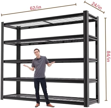 5-Tier Heavy Duty Garage Shelving, 5,000 lbs Capacity Adjustable Metal Storage Shelving Unit for Garage, Basement, Warehouse & Workshop, 62" W x 24" D x 84" H