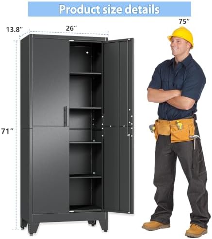 Tall Metal Storage Cabinet with Lock, 4 Adjustable Shelves, Steel Cabinet