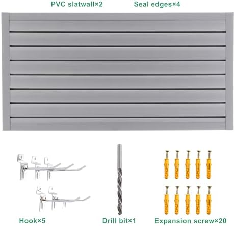 Slatwall Panel Garage Wall Organizer Storage Systems, Wall Mounted PVC Storage Rack with 5 Hooks, Interlocking Workshop Slat Wall Paneling Sheets Board Shelves Tools Organization-Grey(2’H x 4’W)