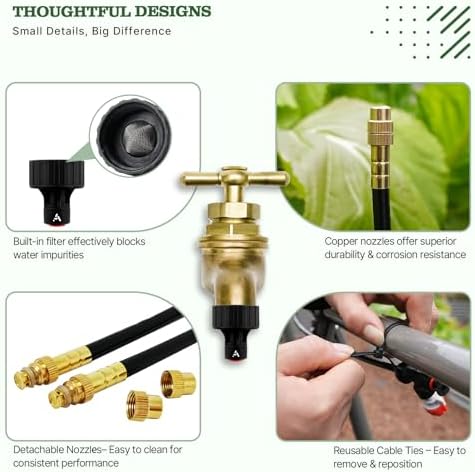 A ANLEOLIFE 50FT Drip Irrigation Kit for Patio, Potted Plants, 360° Bendable Copper Nozzles, Quick-Connect 1/4" Tubing for Container Gardens, Micro Drip with Adjustable Water Flow (Timer Not Included)