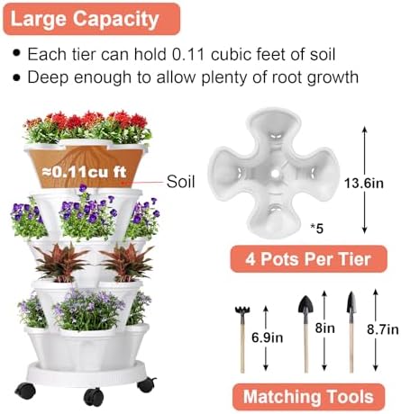 GameXcel Vertical Planter Tower - 7 Tier Stackable Garden Planters with Wheels and Tools Plant Pots for Strawberry Herb Flower and Vegetable Indoor Outdoor Use White