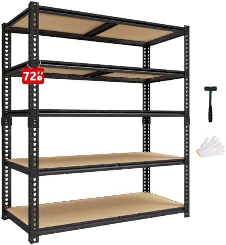 72" H Heavy Duty Garage Shelving, 2400LBS Capacity 5-Tier Storage Shelves,Adjustable Industrial Metal Garage Shelves for Basement Pantry Kitchen Warehouse, 16" D x 36" Wx72 H,Black