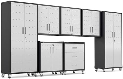 Garage Cabinet System | Heavy Duty Steel All-in-One Modular Garage Cabinet Set for Ultimate Workshop Organization | Easy Assembly Garage Storage Cabinets & Tool Bench
