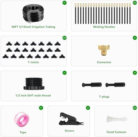 80FT Drip Irrigation System for Garden – Automatic Watering Kit with Solid Brass Metal Connectors, 360° Bendable Tubing &22 Adjustable Nozzles for Greenhouse, Lawn, Yard & Plants