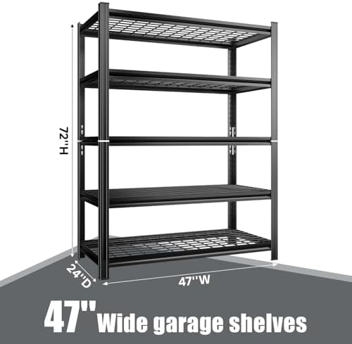 5-Tier Wire Garage Shelving, 72''H*47''W*24''D Metal Storage Shelf ，2-in-1 Adjustable 2500 lbs Heavy Duty Unit Shelves, Upgraded Reinforced Double-Layer Columns for Basement Kitchen Pantry Rack