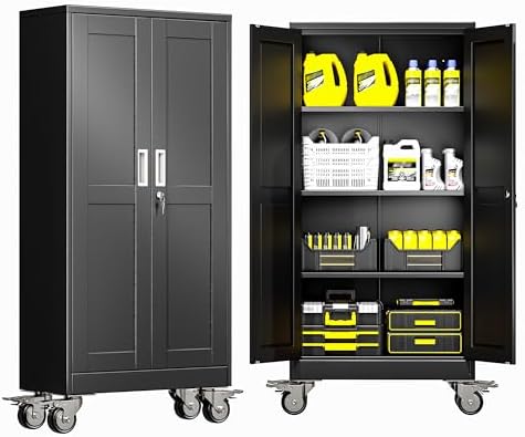 GAIOUS Metal Garage Storage Cabinet with Lock, 61” Tall Lockable File Cabinet with Wheels, Steel Tool Cabinet with 2 Door and 3 Adjustable Shelves, Rolling Cabinet for Home Office Garage Gym - Black