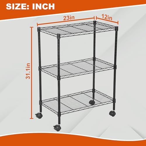 PayLessHere | 3-Tier Wire Shelf Shelving with Wheels | 23"x13"x31" | Black