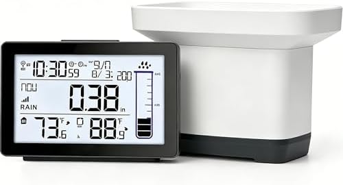 Digital Rain Gauge Outdoor with Thermometer, Self-Emptying Wireless Rain Gauges Outdoors Best Rated, Freeze Proof Automatic Rain Measure Gauge for Yard, High Precision Electronic Rain Collector