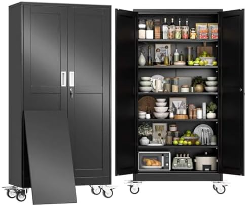 74" H Metal Pantry Storage Locker Cabinet with Wheels,Rolling Kitchen Pantry Cabinet with 2 Doors and 5 Adjustable Shelves, Lockable Steel Garage Tool Cabinet Organization for Home,Gym,School,Black