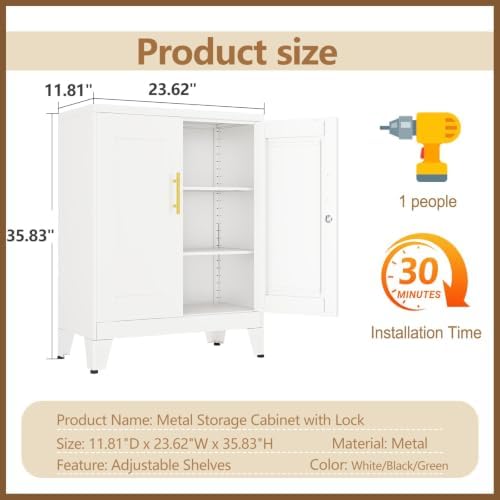 Small Metal Storage Cabinet, Lockable Tool Cabinet with Doors and 2 Shelves