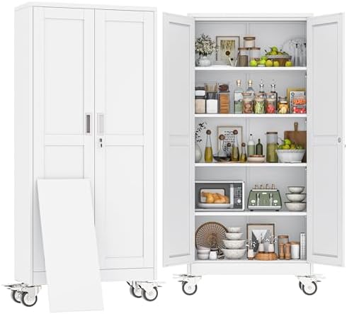 71" H Metal Pantry Storage Locker Cabinet with Wheels,Rolling Kitchen Pantry Cabinet with 2 Doors and 4 Adjustable Shelves, Lockable Steel Garage Tool Cabinet Organization for Home,Gym,School,White
