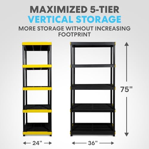 Simpli-Magic 5-Tier Heavy Duty Plastic Storage Shelving Unit, Garage & Outdoor Organizer, Modular Rack, 36 x 24 x 75 Inches, 250 lbs per Shelf, 1250 lbs Total Capacity